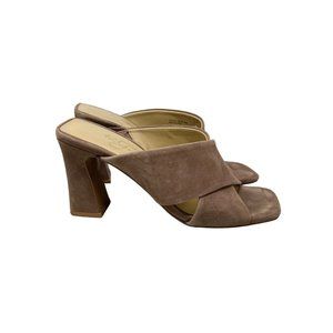 42 Gold Saldana Kid Suede Sandal Womens 6 Open Toe Criss Cross Strap Tan